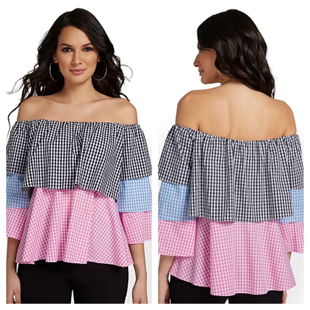 New York & Company Off the Shoulder Gingham Poplin Top Large
